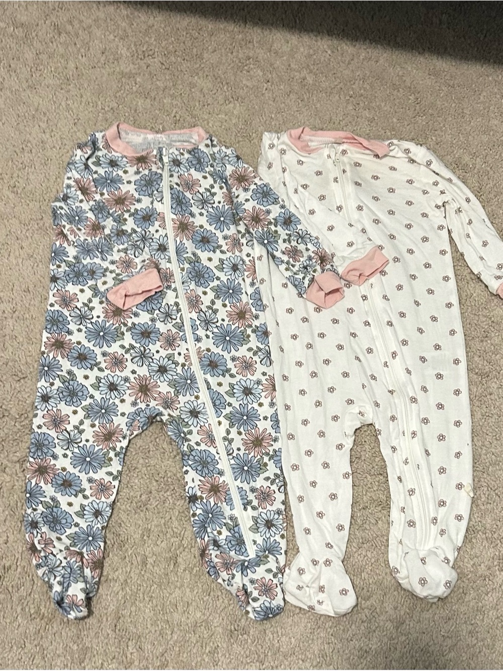 2-Pack Girls Floral & Dot Zip Footed Pajamas with Pink Trim